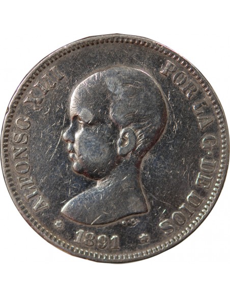 Espagne Alphonse XIII d'Espagne 5 pesetas Argent 1891 AI Madrid