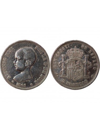 Espagne Alphonse XIII d'Espagne 5 pesetas Argent 1891 AI Madrid