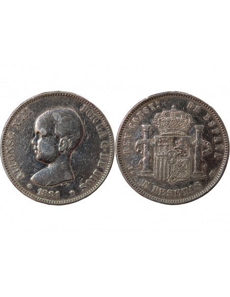 Espagne Alphonse XIII d'Espagne 5 pesetas Argent 1891 AI Madrid