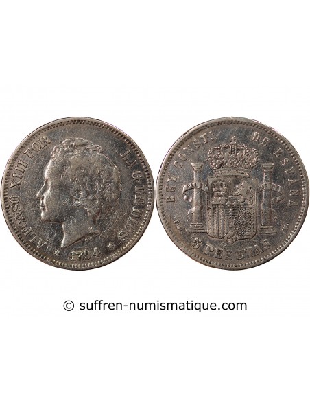 ESPAGNE, ALPHONSE XIII - 5 PESETAS ARGENT 2e PORTRAIT - 1894 M MADRID