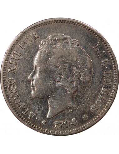 ESPAGNE, ALPHONSE XIII - 5 PESETAS ARGENT 2e PORTRAIT - 1894 M MADRID