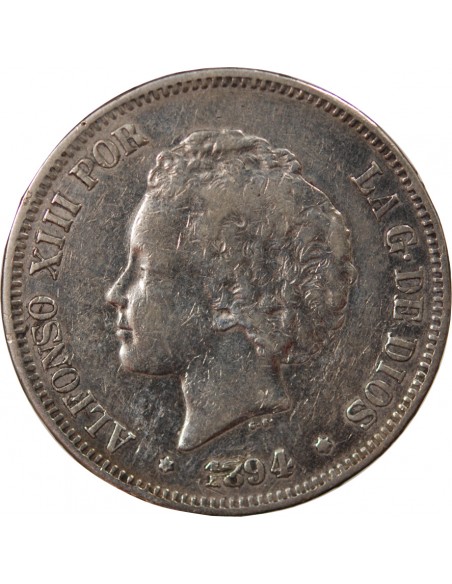 ESPAGNE, ALPHONSE XIII - 5 PESETAS ARGENT 2e PORTRAIT - 1894 M MADRID
