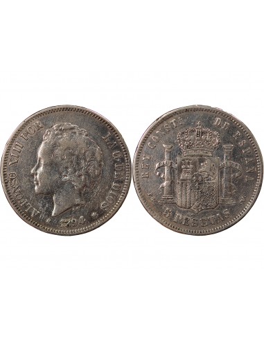 ESPAGNE, ALPHONSE XIII - 5 PESETAS ARGENT 2e PORTRAIT - 1894 M MADRID