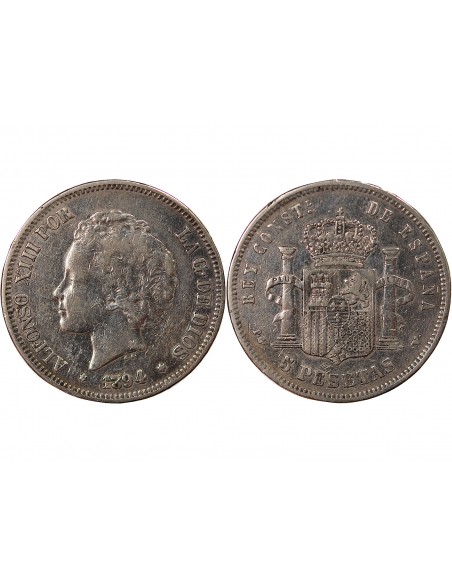 ESPAGNE, ALPHONSE XIII - 5 PESETAS ARGENT 2e PORTRAIT - 1894 M MADRID