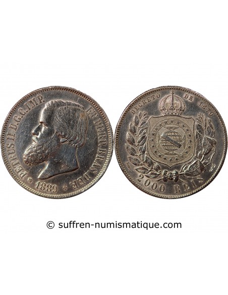 Brésil Pedro II 2000 reis Argent 1889 R Rio de Janeiro