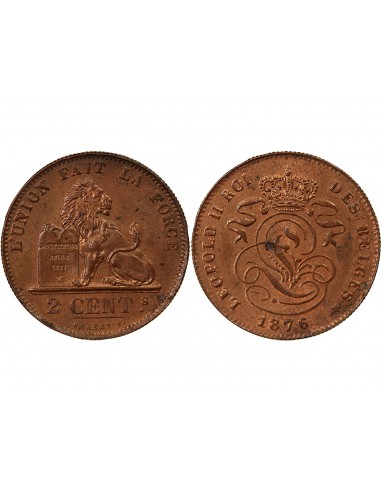 BELGIQUE, LEOPOLD II - 2 CENTIMES, LEGENDE EN FRANCAIS, 1876