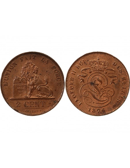 BELGIQUE, LEOPOLD II - 2 CENTIMES, LEGENDE EN FRANCAIS, 1876
