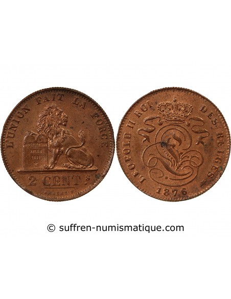 BELGIQUE, LEOPOLD II - 2 CENTIMES, LEGENDE EN FRANCAIS, 1876