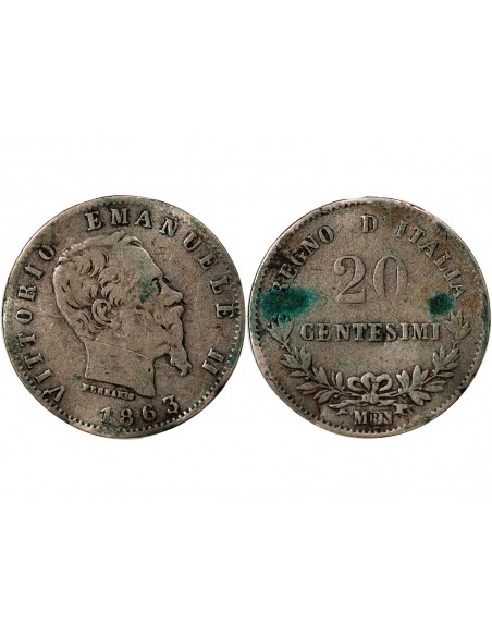 Italie Victor Emmanuel II 20 Centesimi Argent 1863 M Milan