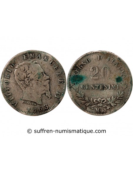 Italie Victor Emmanuel II 20 Centesimi Argent 1863 M Milan