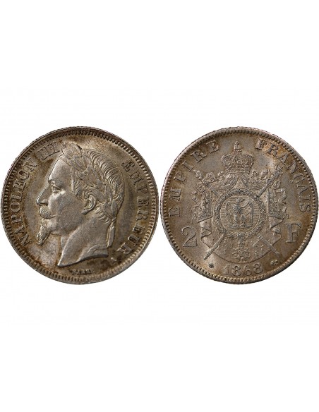 NAPOLEON III - 2 FRANCS TETE LAUREE ARGENT 1868 A PARIS
