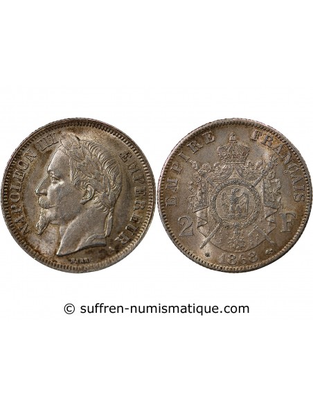 NAPOLEON III - 2 FRANCS TETE LAUREE ARGENT 1868 A PARIS