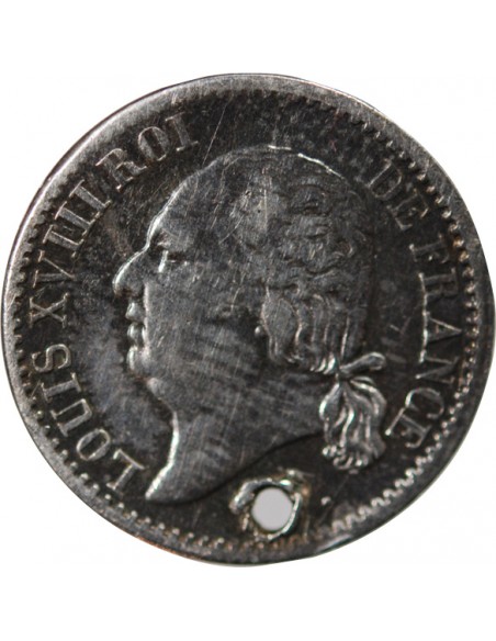 LOUIS XVIII - 1/4 FRANC ARGENT 1822 B ROUEN Trouée