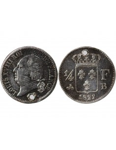 LOUIS XVIII - 1/4 FRANC ARGENT 1822 B ROUEN Trouée 2