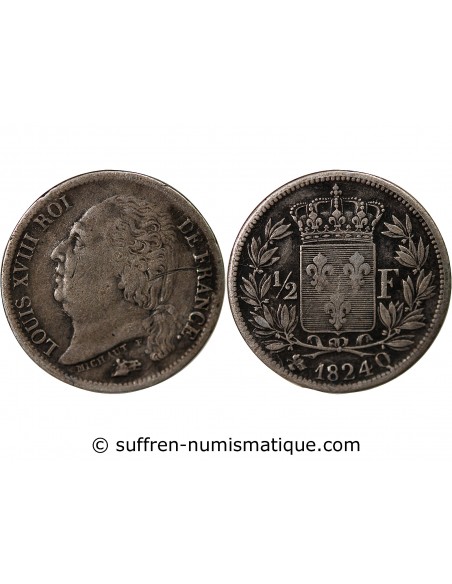 Louis XVIII 1/2 Franc Argent 1824 Q Perpignan