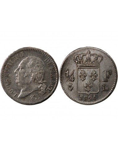 LOUIS XVIII - 1/4 FRANC ARGENT 1824 L BAYONNE