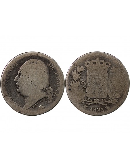 LOUIS XVIII - 2 FRANCS ARGENT 1823 W LILLE