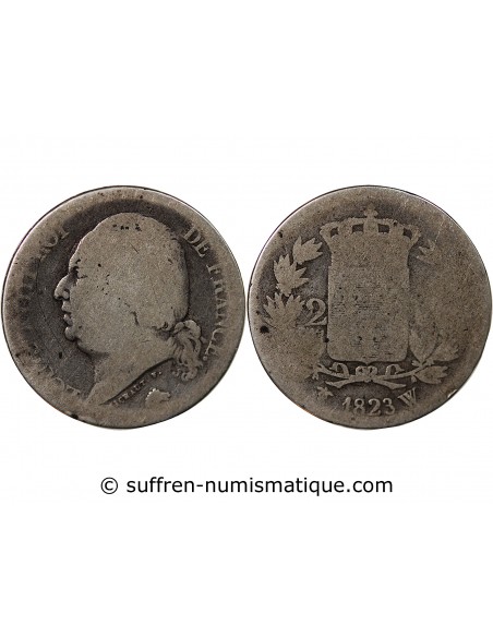 LOUIS XVIII - 2 FRANCS ARGENT 1823 W LILLE