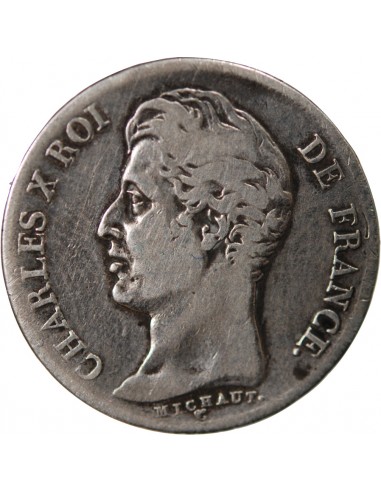 CHARLES X - 1 FRANC ARGENT, TRANCHES EN CREUX, 5 FEUILLES - 1825 A PARIS