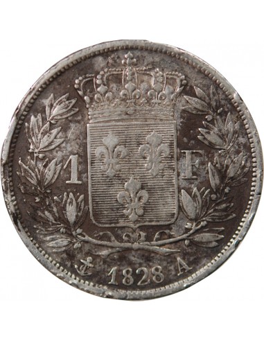 CHARLES X - 1 FRANC ARGENT, TRANCHES EN CREUX, 5 FEUILLES - 1828 A PARIS