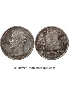 CHARLES X - 1 FRANC ARGENT, TRANCHES EN CREUX, 5 FEUILLES - 1828 A PARIS