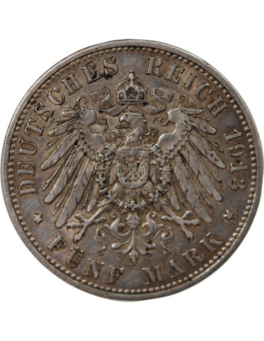 Allemagne Guillaume II de Wurtemberg 5 mark Argent 1913 A Berlin