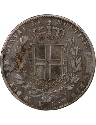 Sardaigne Charles-Albert 5 lire Argent 1843 CL Gênes