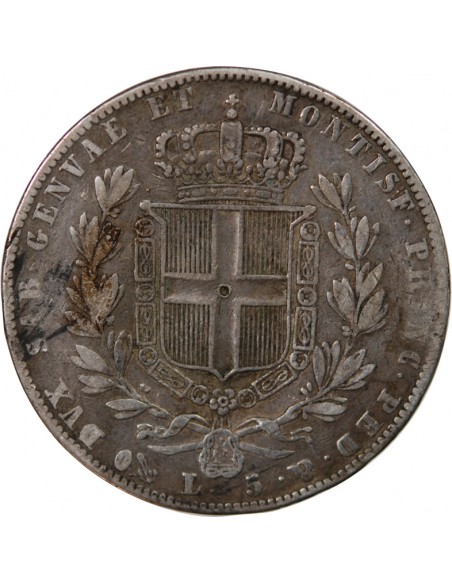 Sardaigne Charles-Albert 5 lire Argent 1843 CL Gênes