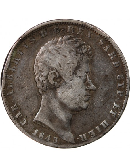 Sardaigne Charles-Albert 5 lire Argent 1843 CL Gênes