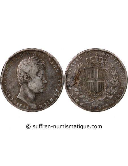 Sardaigne Charles-Albert 5 lire Argent 1843 CL Gênes