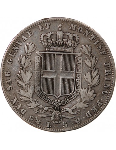 Sardaigne Charles-Albert 5 lire Argent 1844 CL Gênes