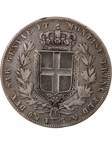 Sardaigne Charles-Albert 5 lire Argent 1844 CL Gênes