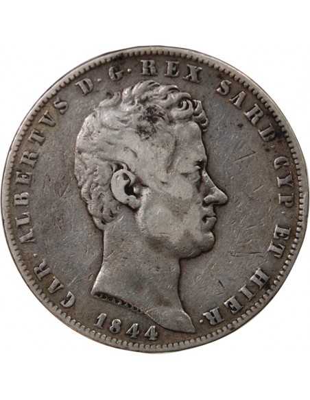Sardaigne Charles-Albert 5 lire Argent 1844 CL Gênes