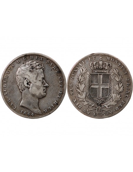 Sardaigne Charles-Albert 5 lire Argent 1844 CL Gênes