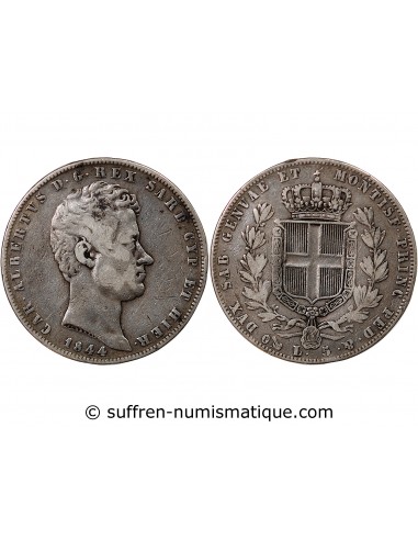 Sardaigne Charles-Albert 5 lire Argent 1844 CL Gênes