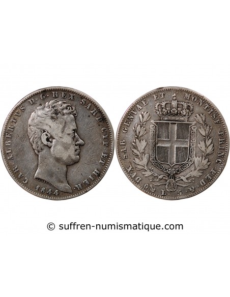 Sardaigne Charles-Albert 5 lire Argent 1844 CL Gênes