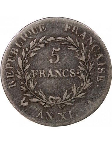 BONAPARTE Ier CONSUL﻿ - 5 FRANCS, ARGENT - AN XI A PARIS