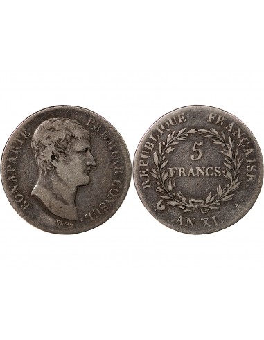 BONAPARTE Ier CONSUL﻿ - 5 FRANCS, ARGENT - AN XI A PARIS