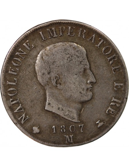 Italie Napoléon Ier, Empereur de France, Roi d'Italie 5 Lire Argent 1807 M Milan