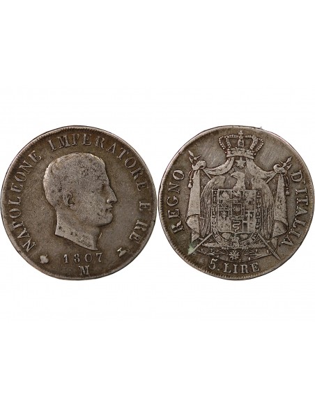 Italie Napoléon Ier, Empereur de France, Roi d'Italie 5 Lire Argent 1807 M Milan