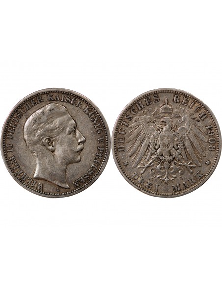 Allemagne Guillaume II, Empereur 3 mark Argent 1908 A Berlin