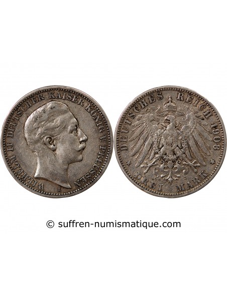 Allemagne Guillaume II, Empereur 3 mark Argent 1908 A Berlin