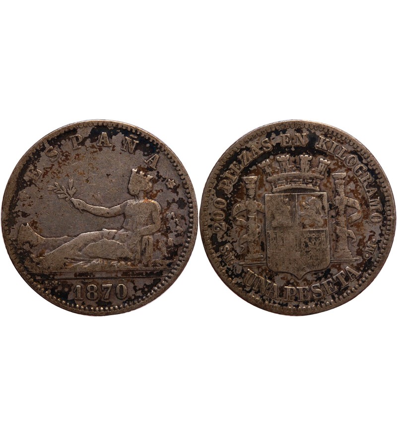 ESPAGNE, GOUVERNEMENT PROVISOIR - 1 PESETA ARGENT 1870