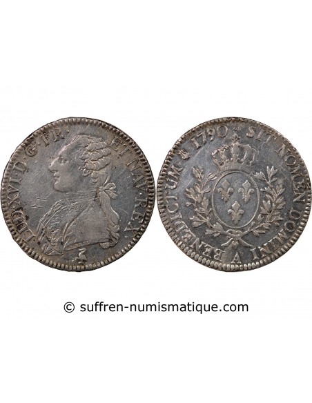 LOUIS XVI - ÉCU ARGENT AUX RAMEAUX D'OLIVIER 1790 A PARIS