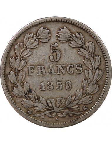 LOUIS PHILIPPE﻿ - 5 FRANCS ARGENT 1838 K BORDEAUX