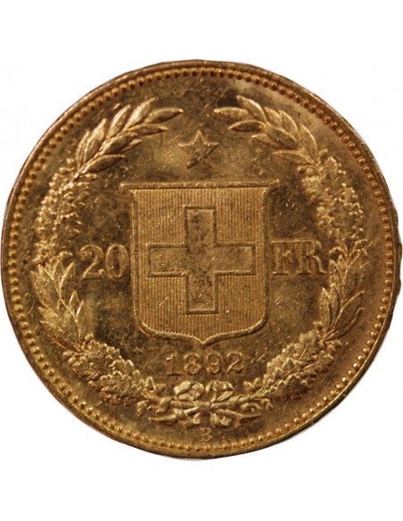 SUISSE, CONFEDERATION HELVETIQUE - 20 FRANCS OR 1892 B BERNE