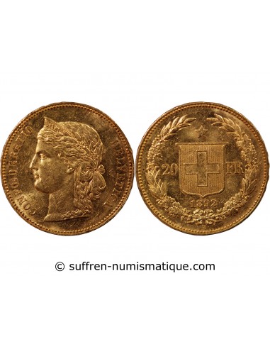 SUISSE, CONFEDERATION HELVETIQUE - 20 FRANCS OR 1892 B BERNE