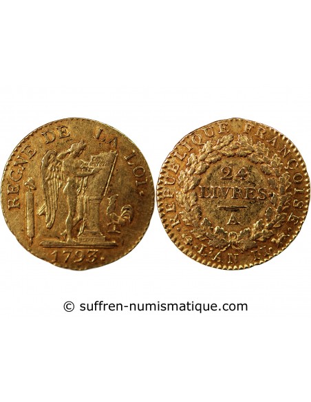 REVOLUTION FRANCAISE, CONVENTION - 24 LIVRES AU GENIE OR 1793 A PARIS