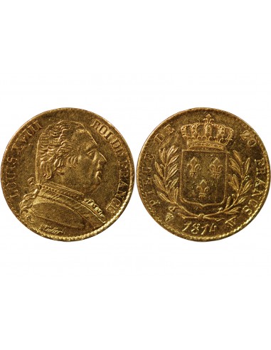 LOUIS XVIII - 20 FRANCS OR 1814 W LILLE