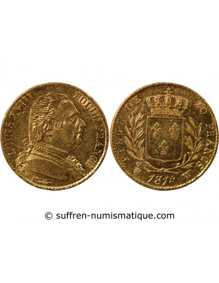 LOUIS XVIII - 20 FRANCS OR 1814 W LILLE